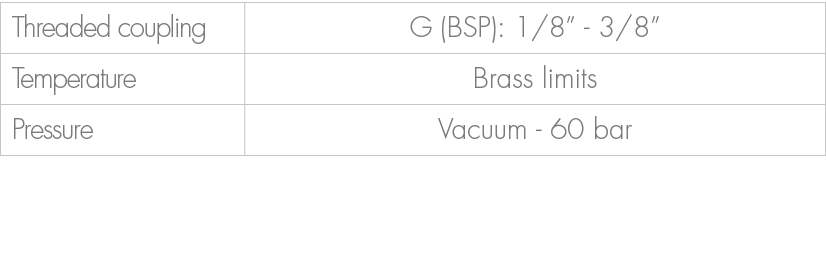 Threaded coupling,G (BSP): 1/8” 3/8”,Temperature,Brass limits,Pressure,Vacuum 60 bar 